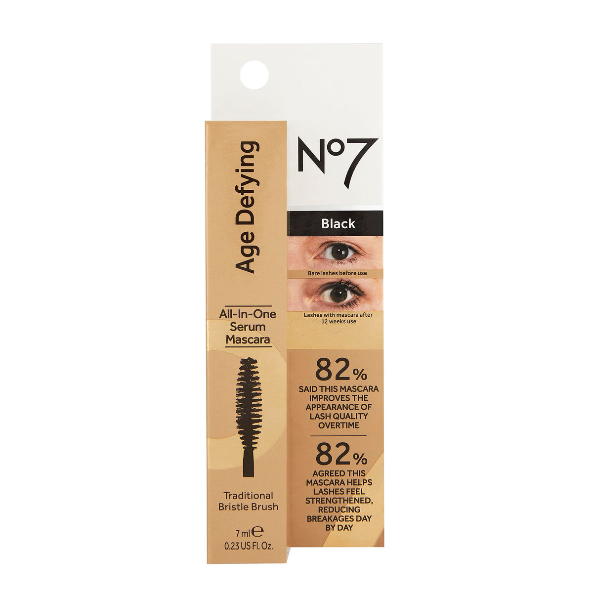 No7 7ml mascara tube next to common objects to show compact travel-friendly size