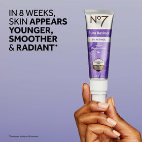 No7 night concentrate held in hand showing 30ml scale and travel convenience