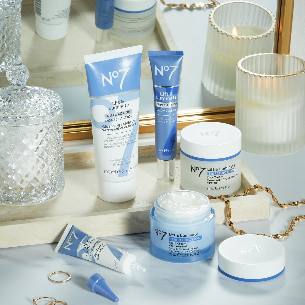 No7 skincare set staged in a bathroom showing everyday routine convenience