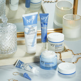 No7 skincare set staged in a bathroom showing everyday routine convenience