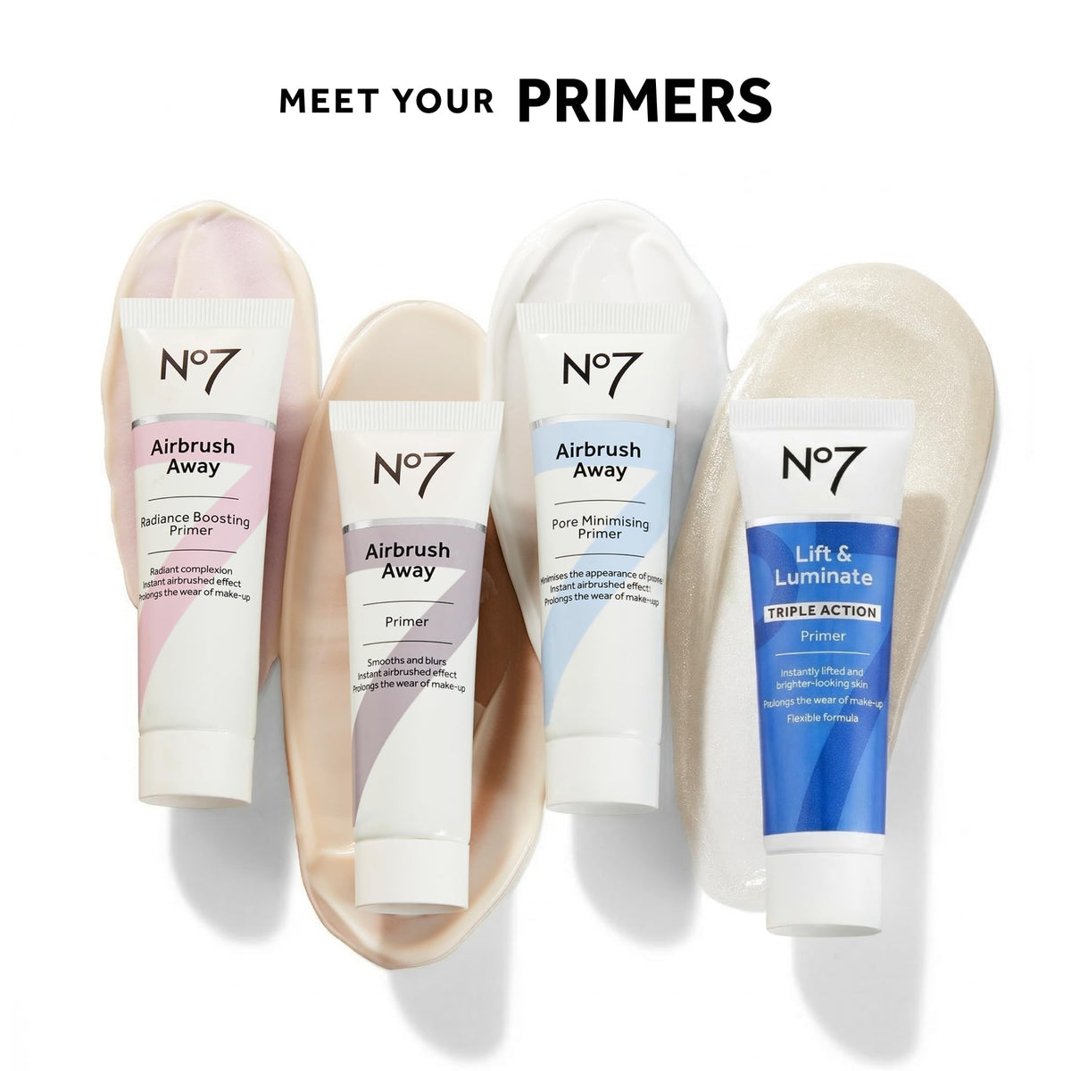 No7 primer on bathroom vanity with makeup tools, creating illuminated base before makeup
