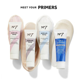 No7 primer on bathroom vanity with makeup tools, creating illuminated base before makeup