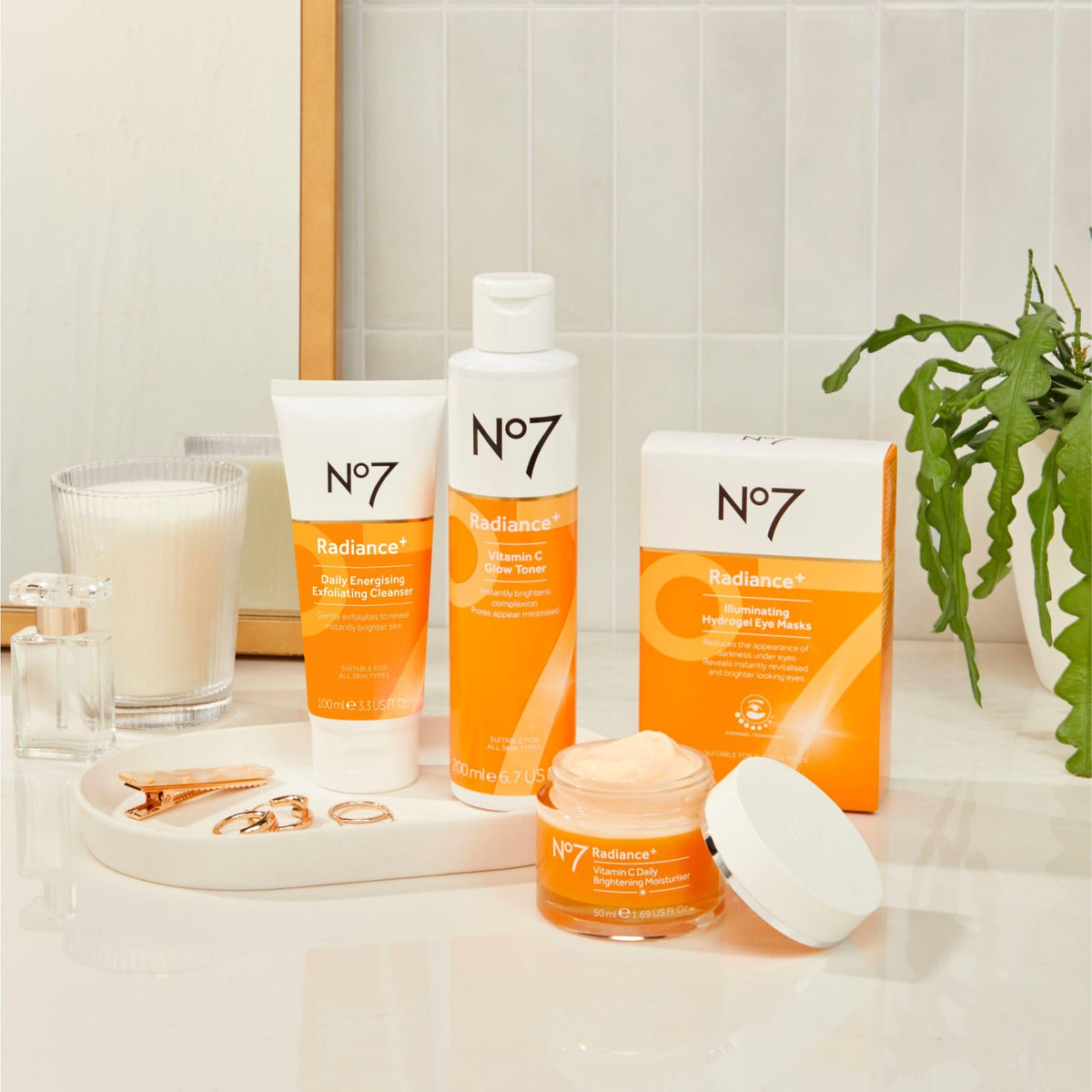 No7 flatlay with before and after visuals suggesting brighter-looking skin