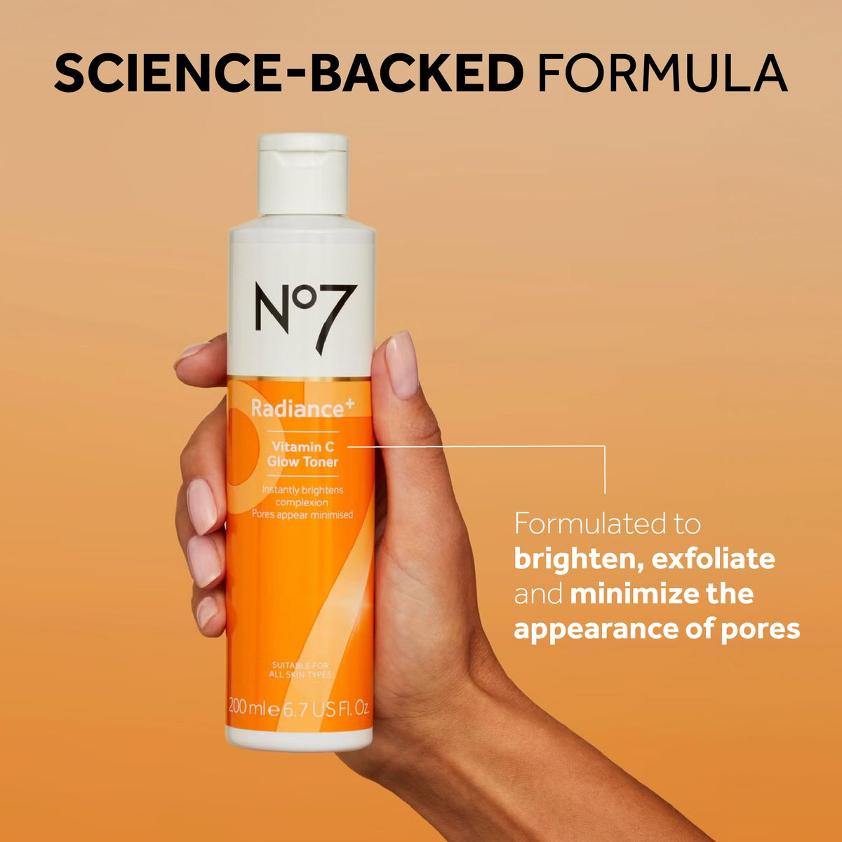 No7 Radiance+ texture droplet on fingertip, illustrating lightweight hydrating formula