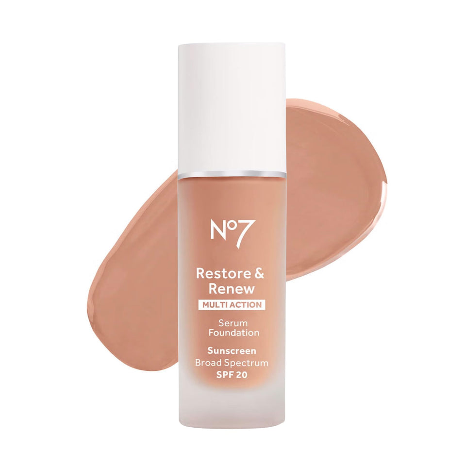 No7 front packaging of Restore & Renew foundation showing shade Cool Beige and benefit of medium coverage