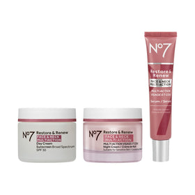 No7 front packaging showing entire Restore & Renew kit and clear routine benefits
