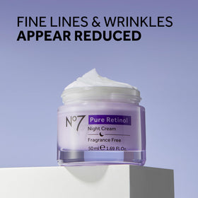 No7 open jar texture close-up highlighting smooth retinol cream for easy absorption