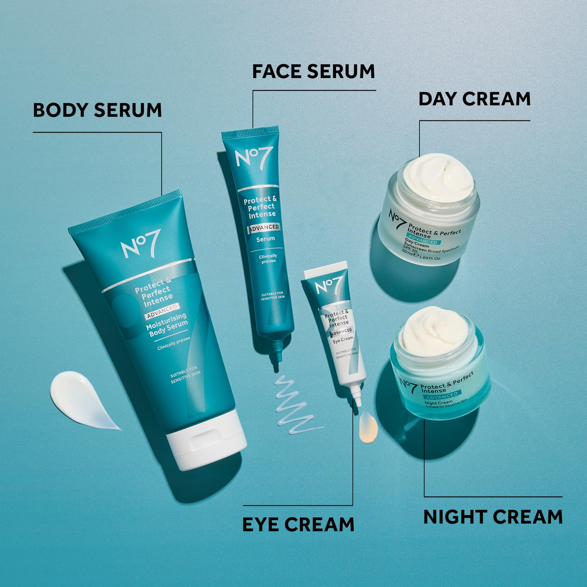 No7 serum on bathroom shelf beside moisturizer suggesting daily routine