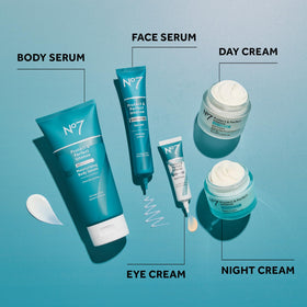 No7 serum on bathroom shelf beside moisturizer suggesting daily routine
