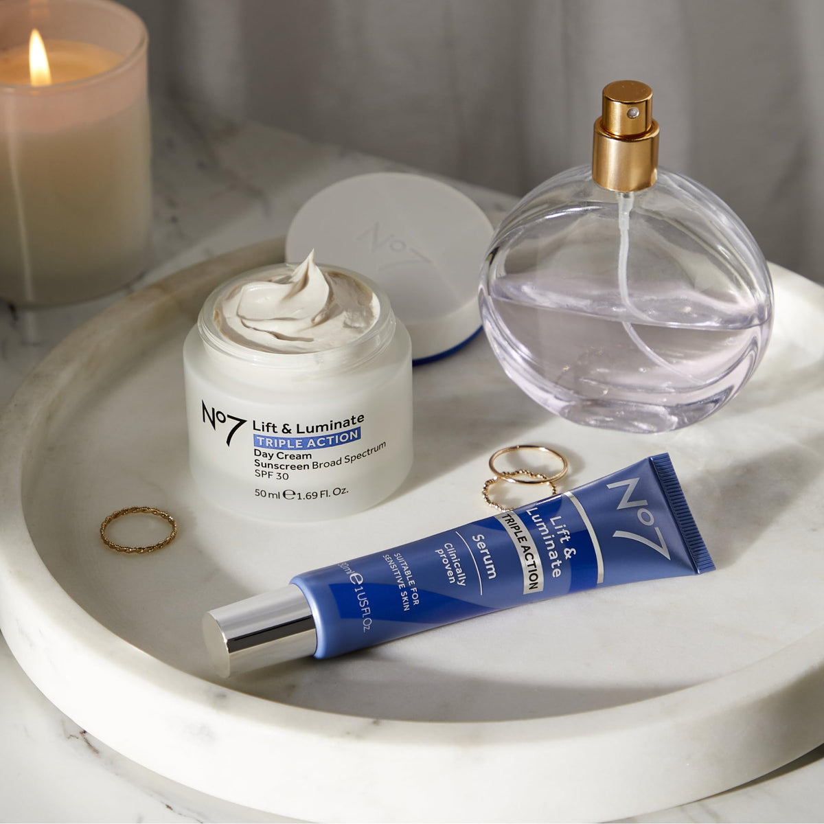 No7 serum on morning vanity beside SPF for daytime routine benefit