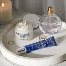 No7 serum on morning vanity beside SPF for daytime routine benefit
