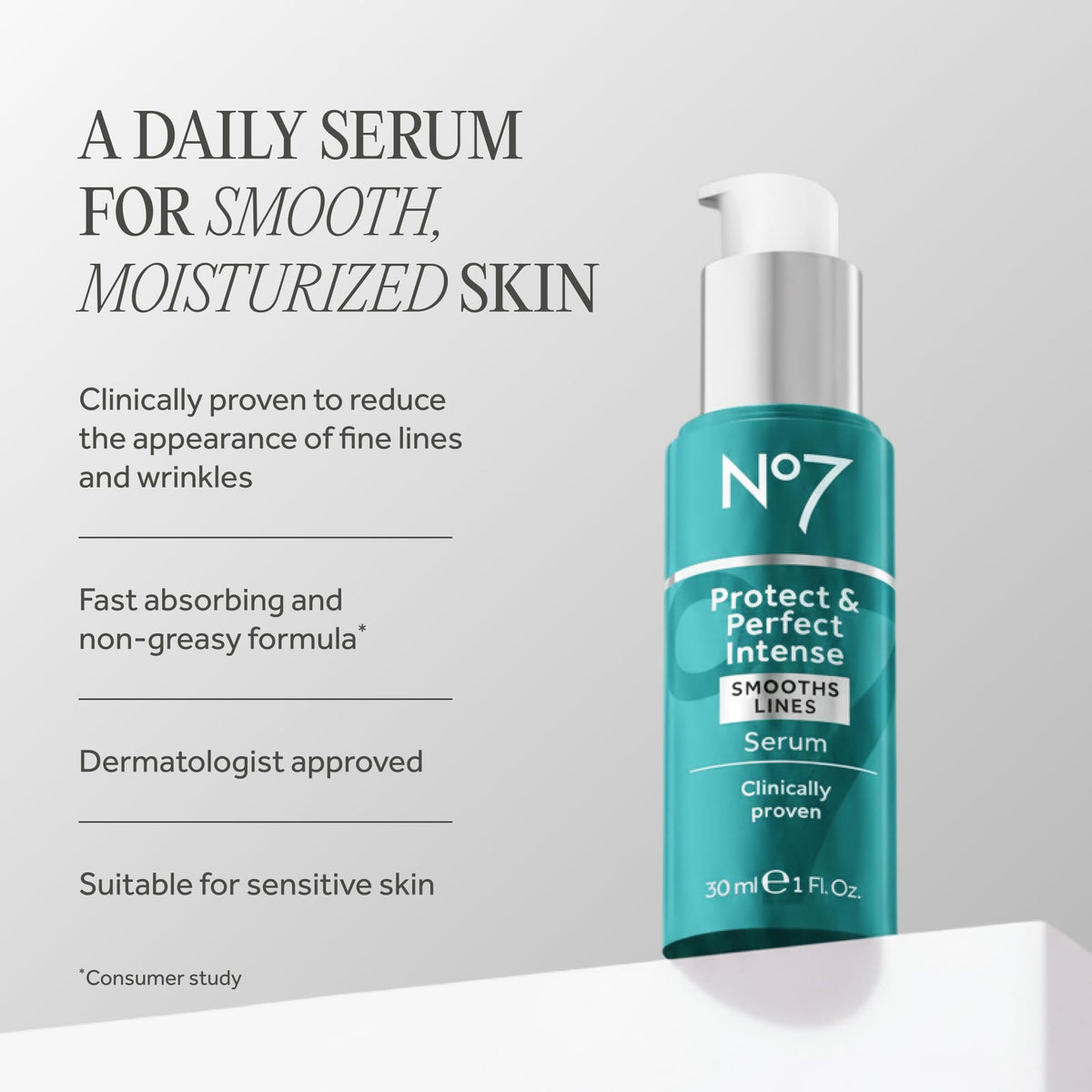 No7 pump close-up dispensing serum, demonstrating controlled application benefit
