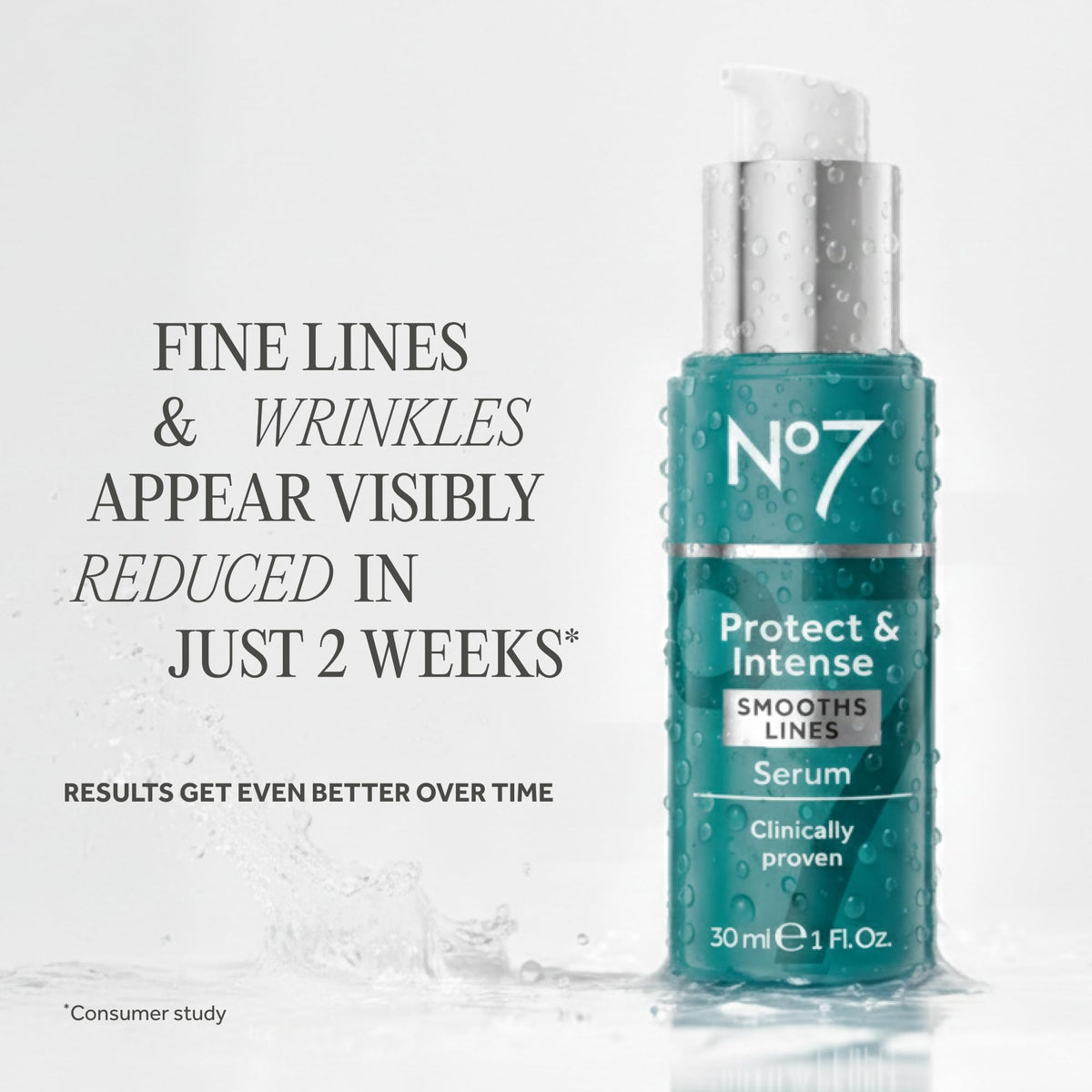 No7 serum droplet on skin texture close-up, shows hydrating smoothing effect
