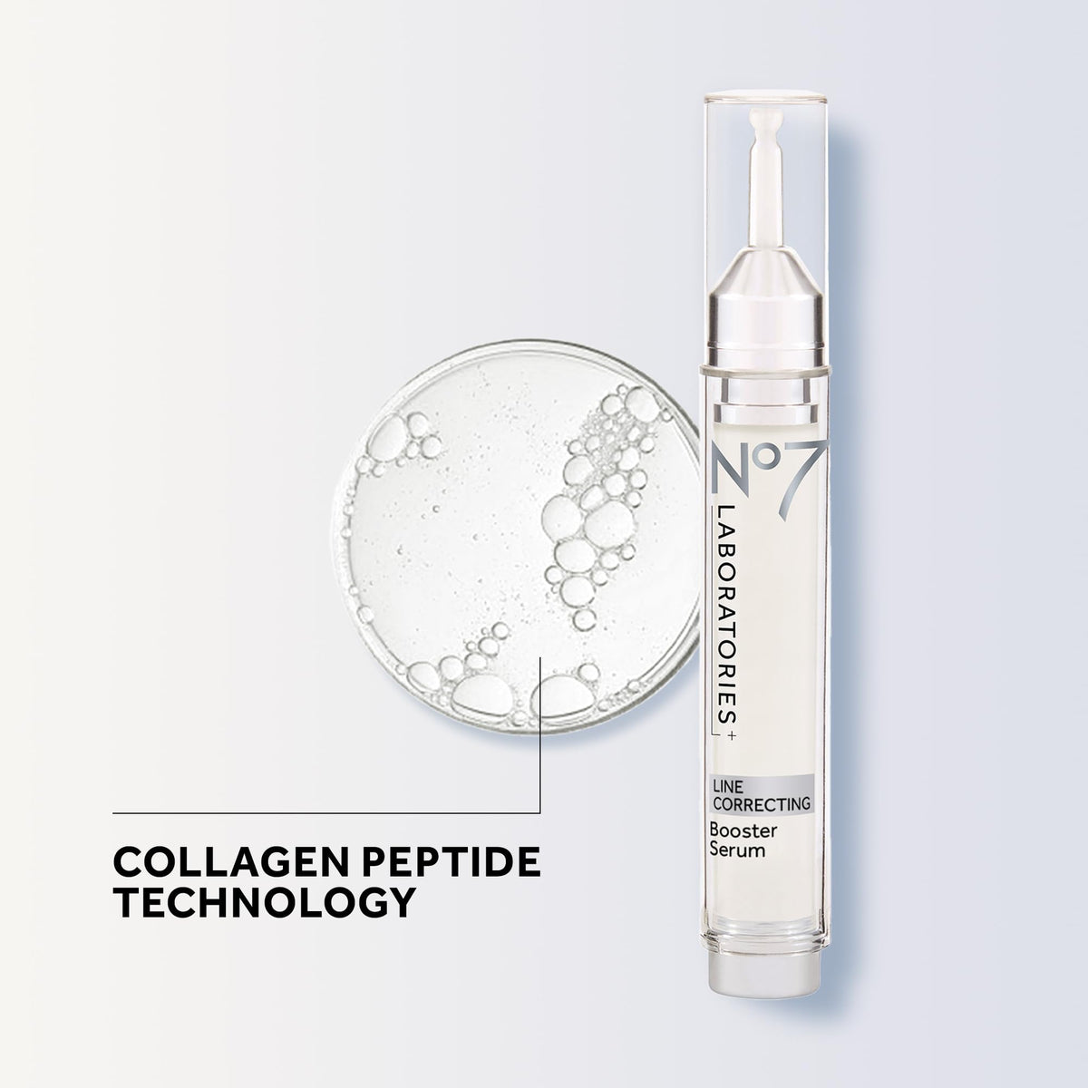 No7 vial next to a moisturizer for scale, illustrates compact 15 ml size