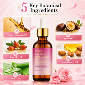 Noaré oils and botanicals spread illustrating nourishing blend