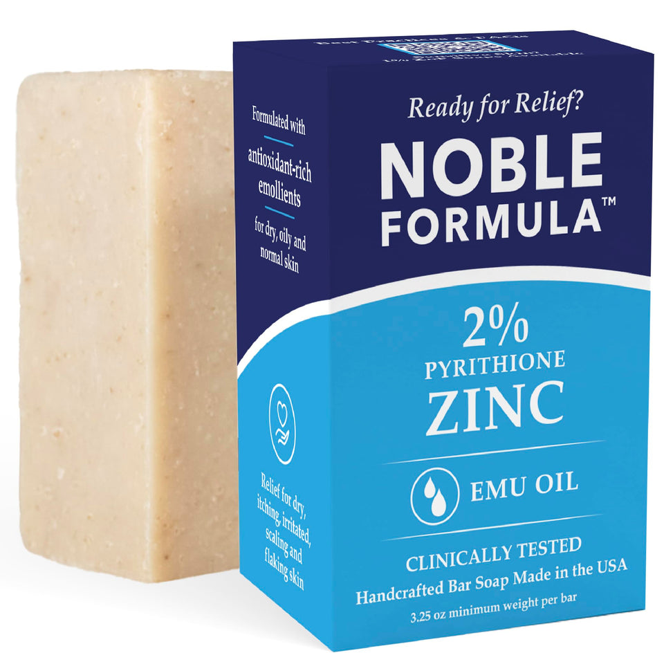 Noble Formula front packaging of the 2% pyrithione zinc soap bar showing product clarity