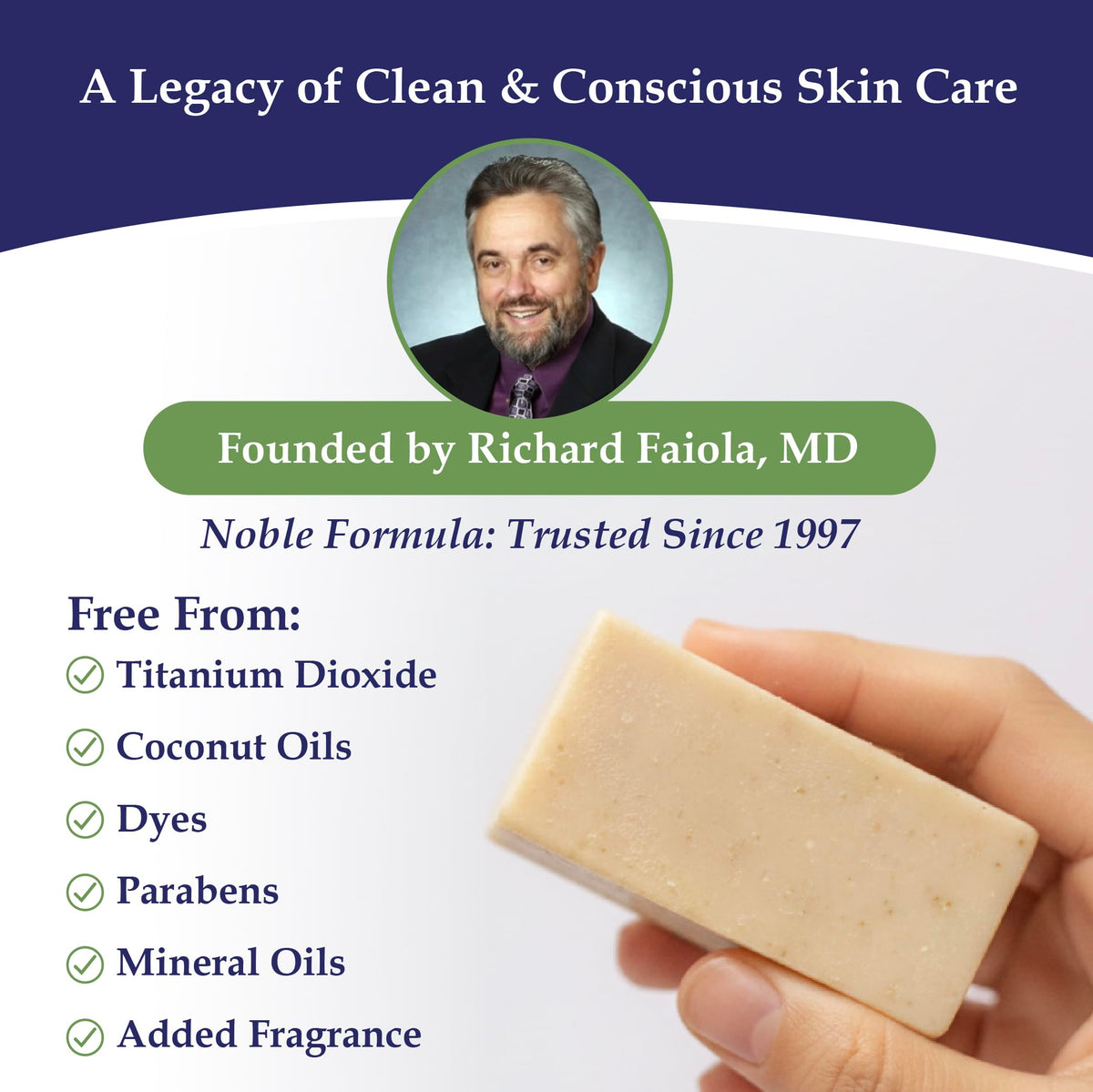 Noble Formula zinc bar on a bathroom tray in a natural setting, suggesting everyday routine appeal