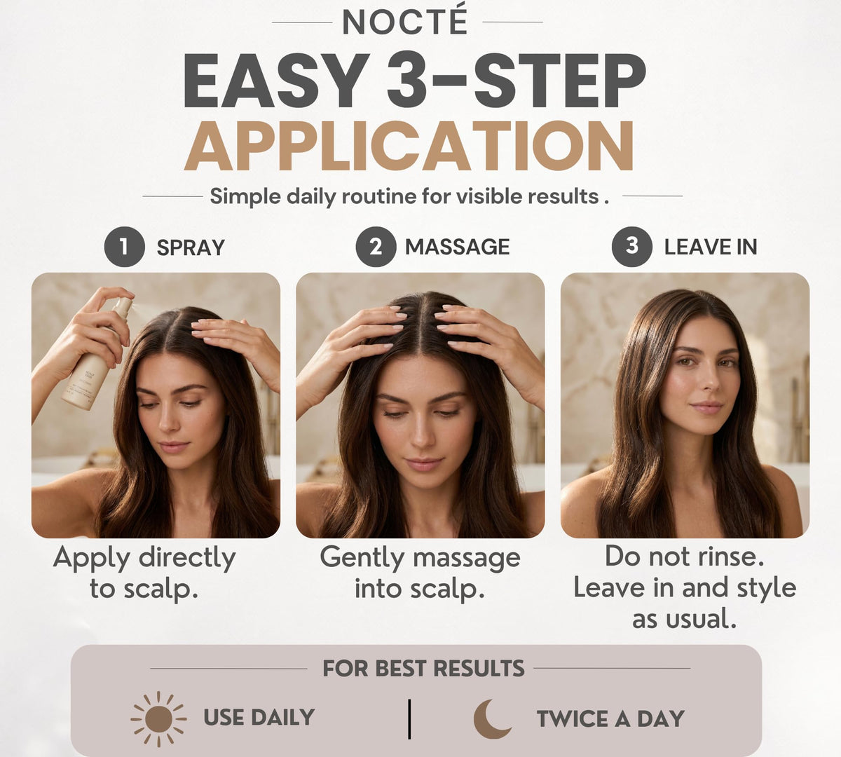 NOCTE being sprayed directly onto scalp demonstrating targeted regrowth support