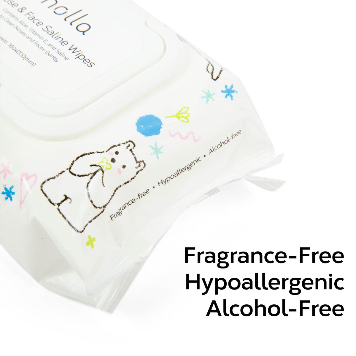 Nolla label close-up showing aloe, vitamin E, and saline ingredient benefits