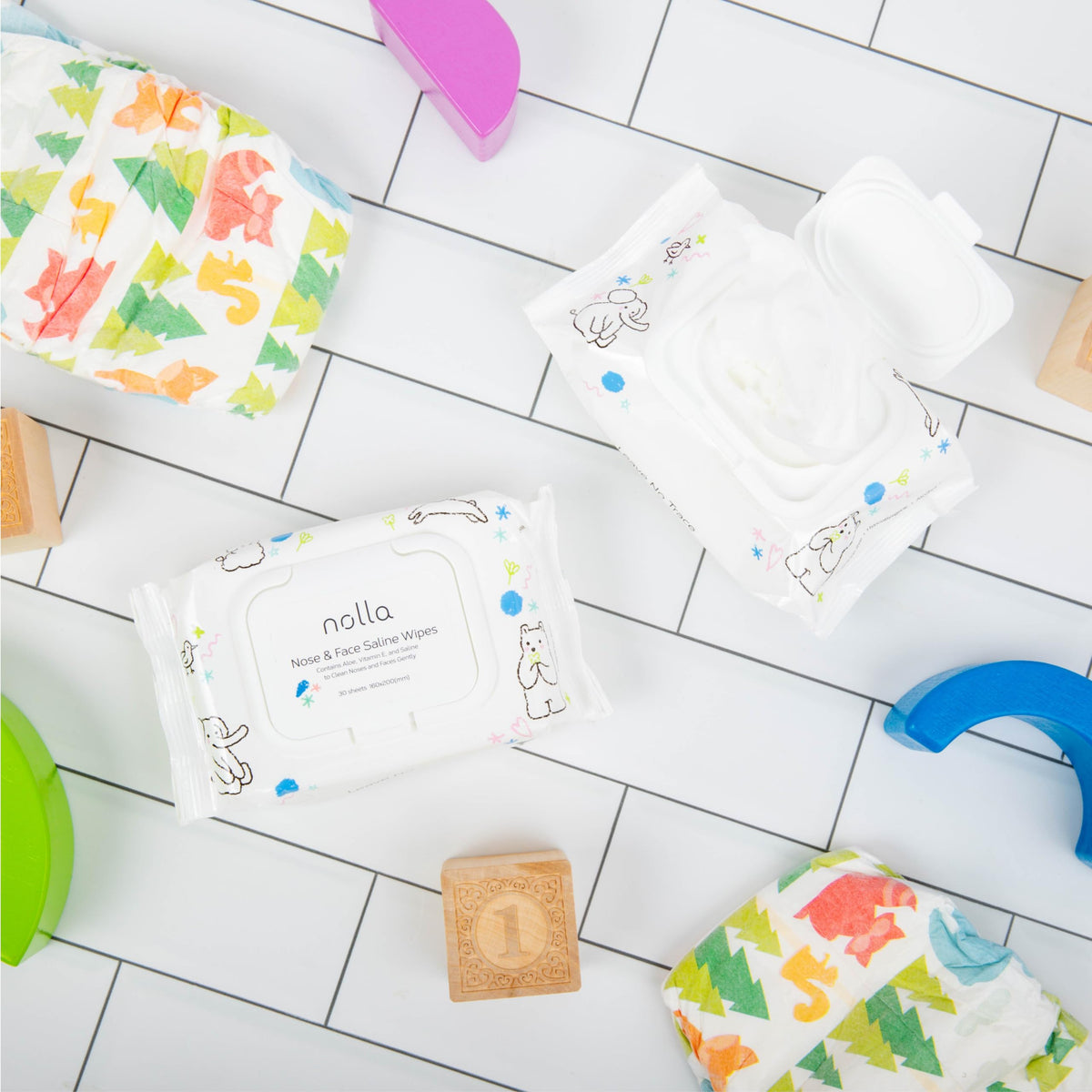 Nolla wipes in a diaper bag during outing showing quick mess cleanup benefit
