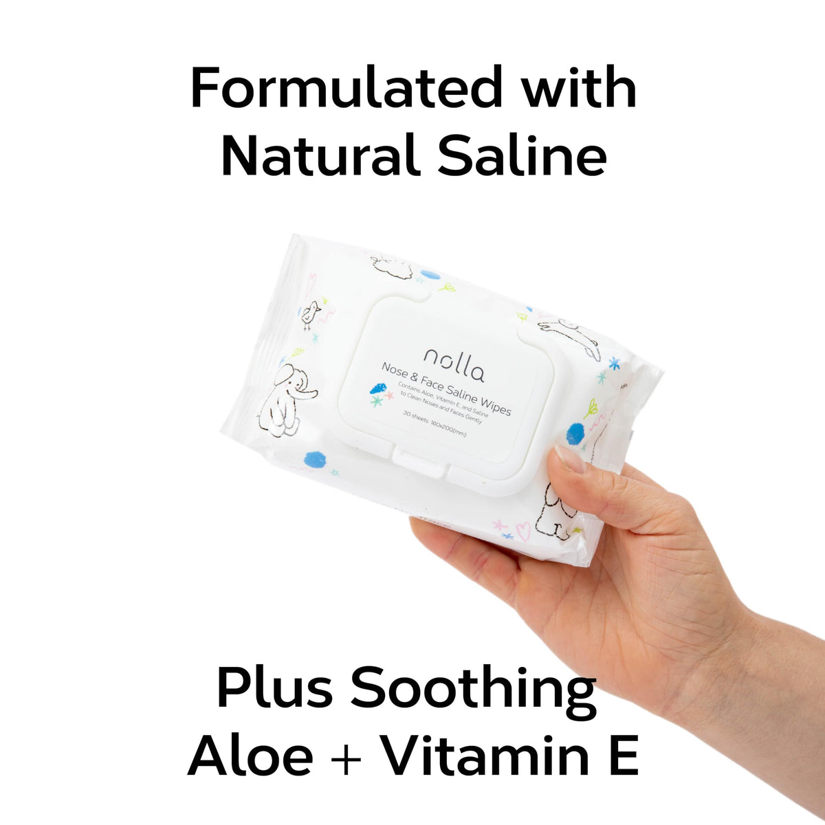 Nolla wipe cleaning a baby nose demonstrating gentle saline cleansing