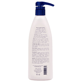 Noodle & Boo bottle pouring under running tap demonstrating correct 0.5–1 oz dosage for gentle bubbles