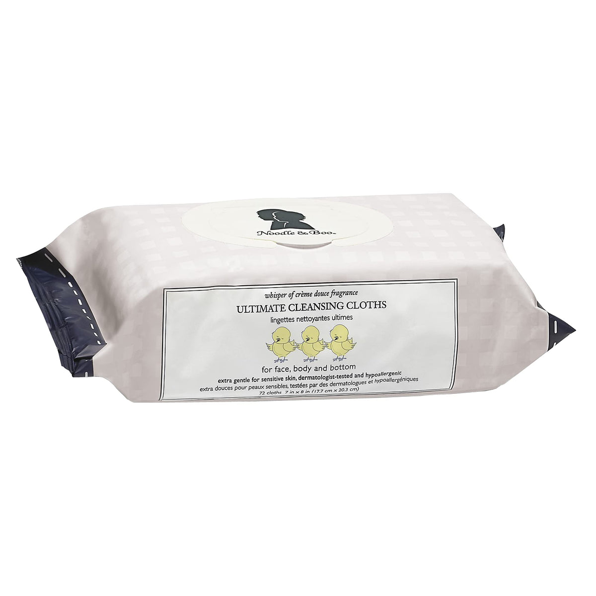 Noodle & Boo front packaging showing 72-count Crème Douce wipes, clear labeling benefit
