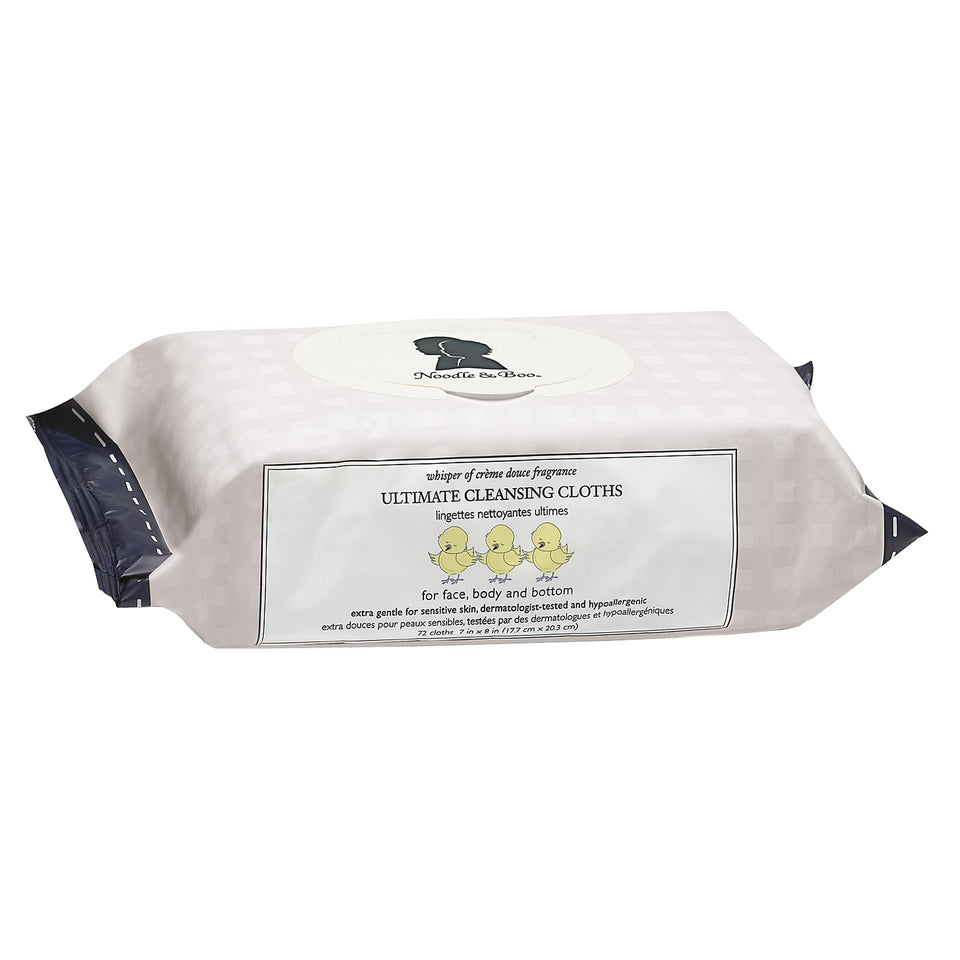 Noodle & Boo front packaging showing 72-count Crème Douce wipes, clear labeling benefit