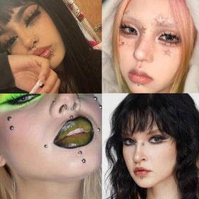 nooepc studs applied on model nose, subtle silver accent for non‑pierced look