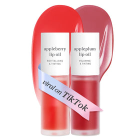 NOONI Appleberry and Appleplum front view showing two tinted lip oil tubes and benefits