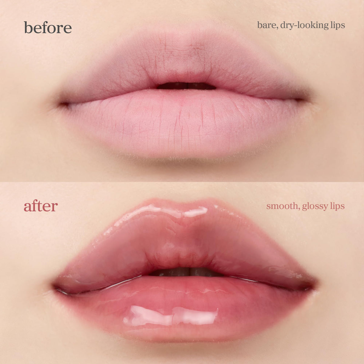 NOONI lips before and after showing hydrated, fuller-looking finish benefit