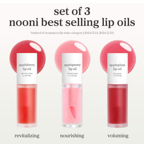 NOONI Appleberry shade on lips showing sheer juicy shine and fuller-looking finish