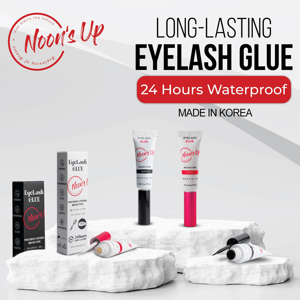 NOON'S UP waterproof test droplets on lashes proving moisture resistance