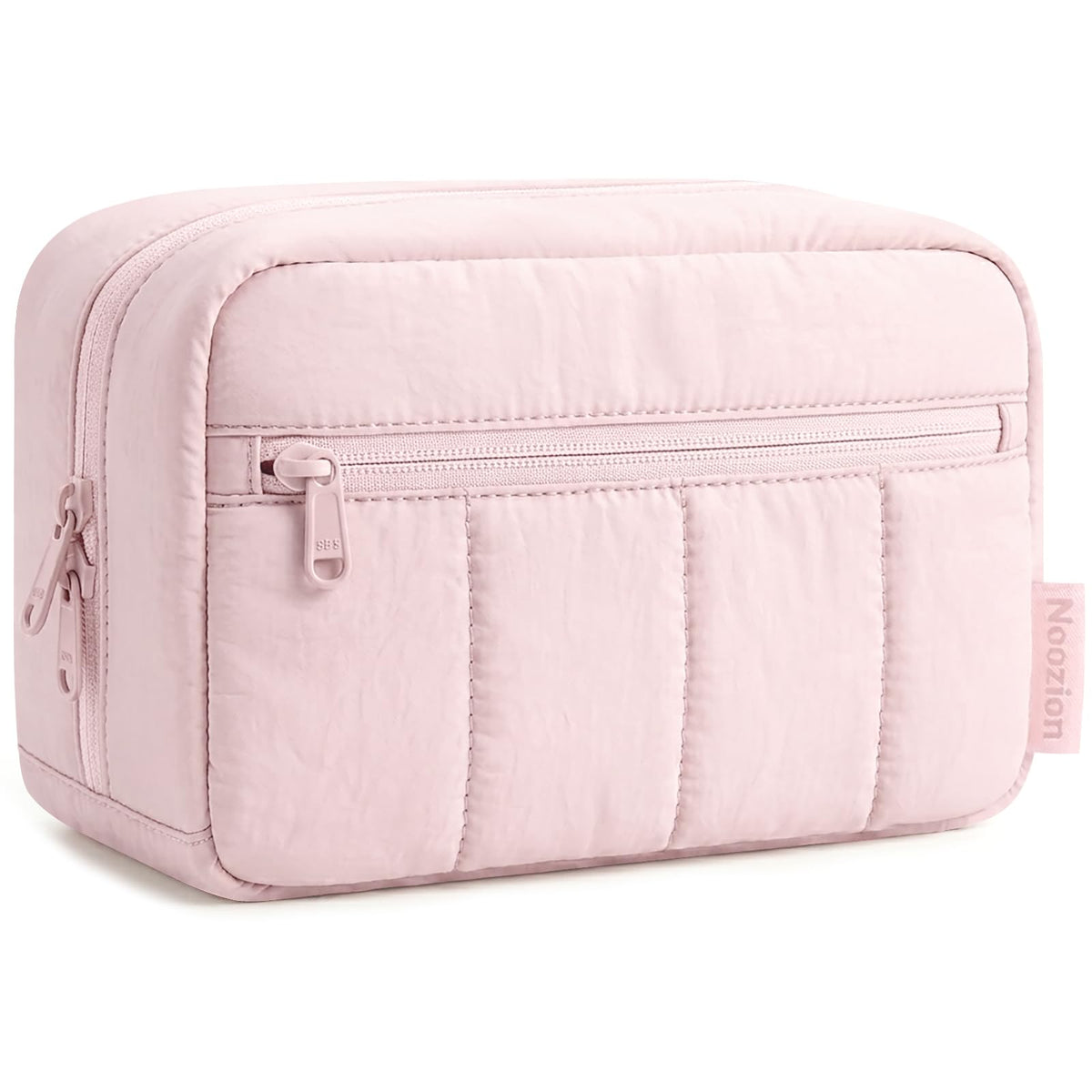 Noozion front view showing compact padded cosmetic bag and durable construction