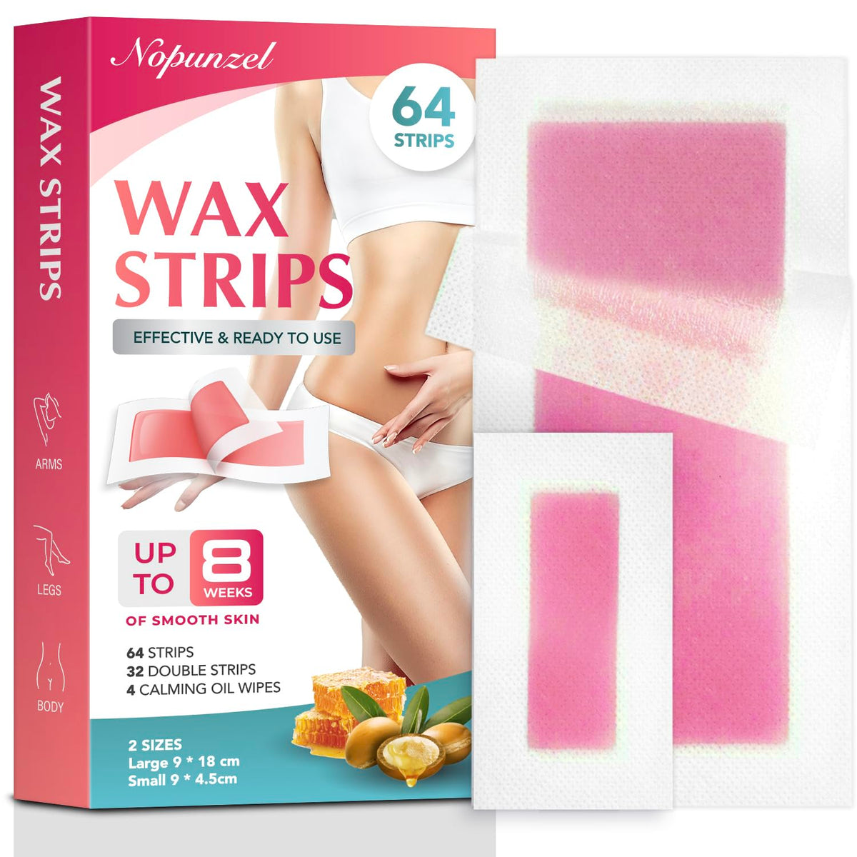 NOPUNZEL front packaging showing 64 wax strips and wipes for easy home hair removal