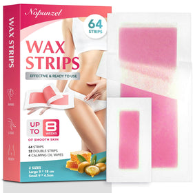 NOPUNZEL front packaging showing 64 wax strips and wipes for easy home hair removal