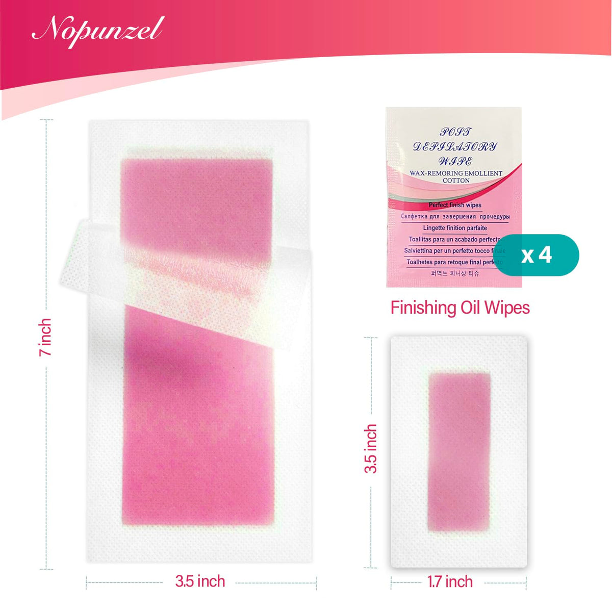 NOPUNZEL layout showing two strip sizes for targeted and wide-area waxing convenience