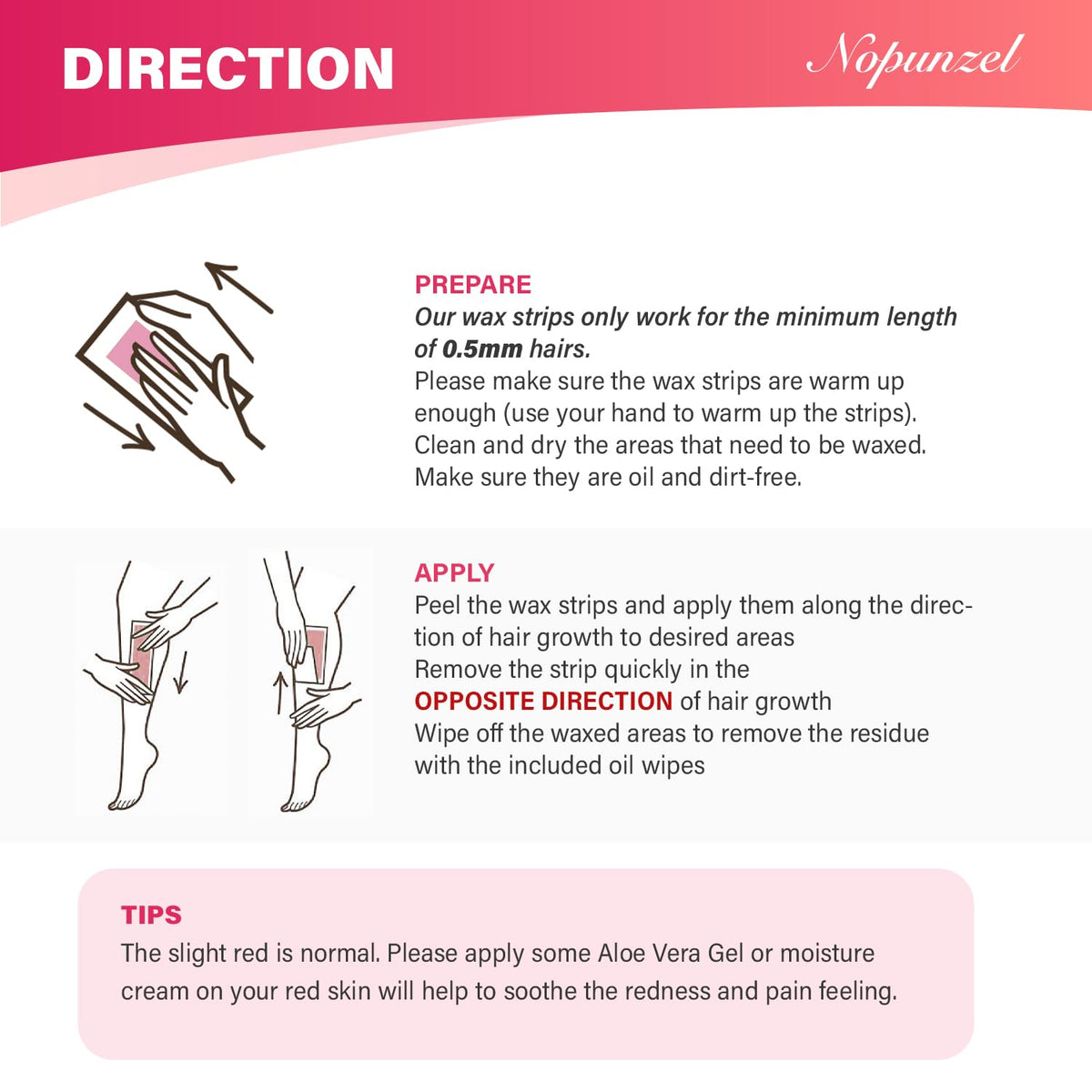 NOPUNZEL strip applied on leg demonstrating fast root hair removal and smooth finish