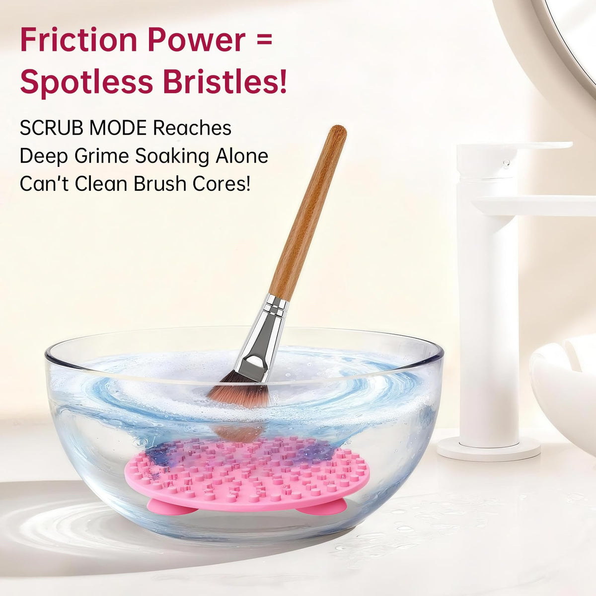 Norate brush being scrubbed on textured mat to remove makeup buildup