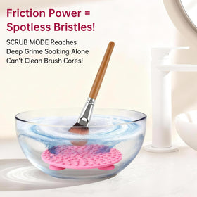 Norate brush being scrubbed on textured mat to remove makeup buildup