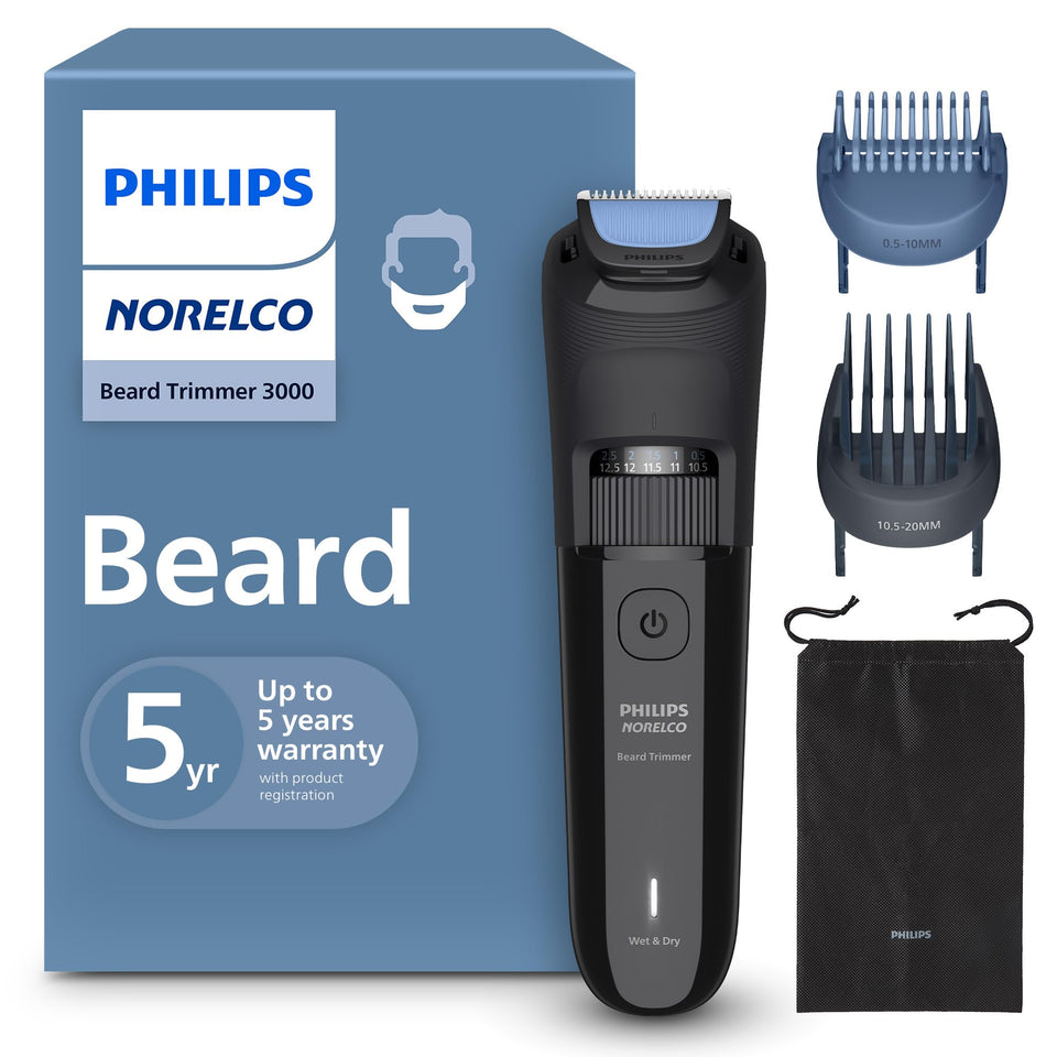 Norelco Philips 3000 Series front view showing whole trimmer and included accessories benefit precision