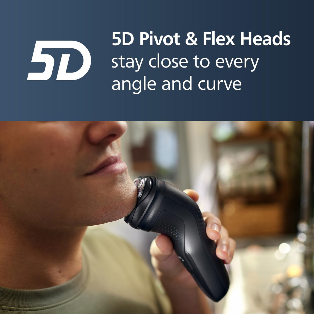 Norelco 3900 5D flex head closeup demonstrating contouring to reduce nicks and cuts