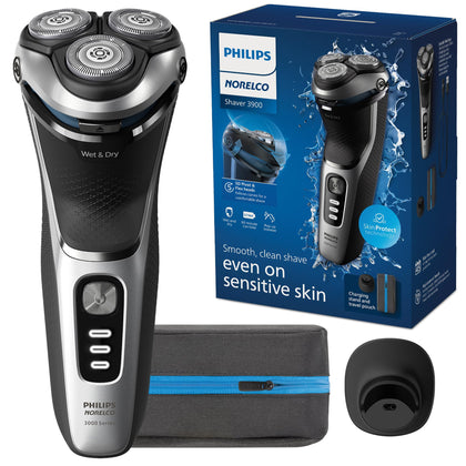 Norelco 3900 front view showing ergonomic body and storm blue finish for comfortable grip