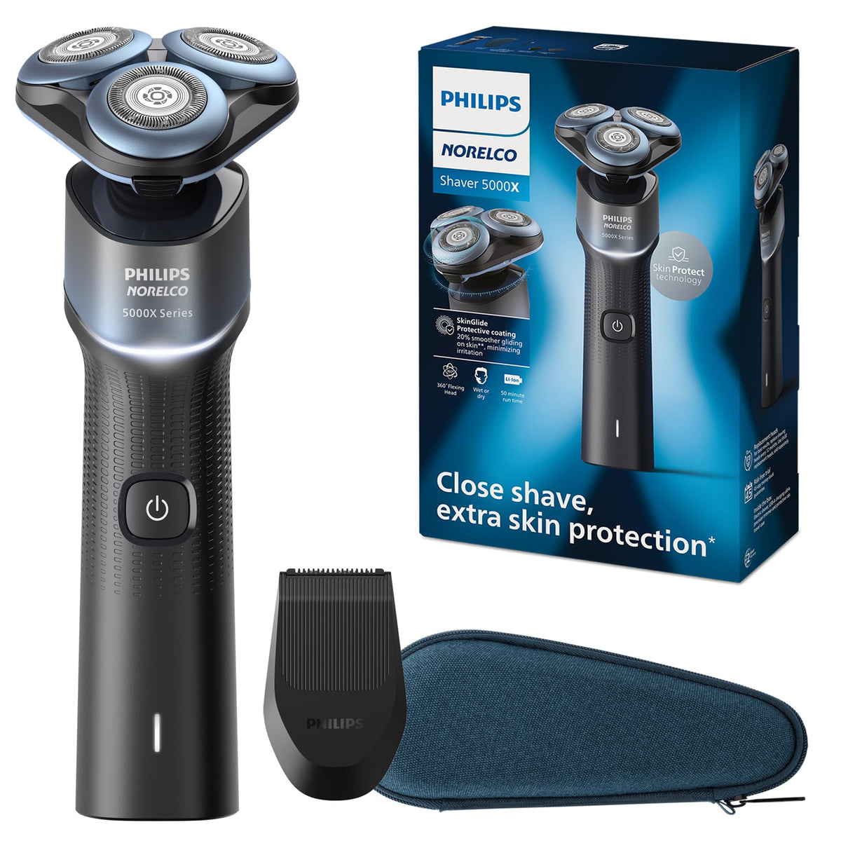 Norelco 5000X front view showing ergonomic handle and controls for comfortable grip