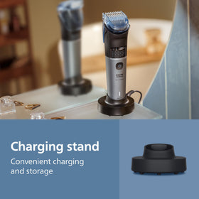 Norelco charging stand with USB cable for convenient storage and power readiness