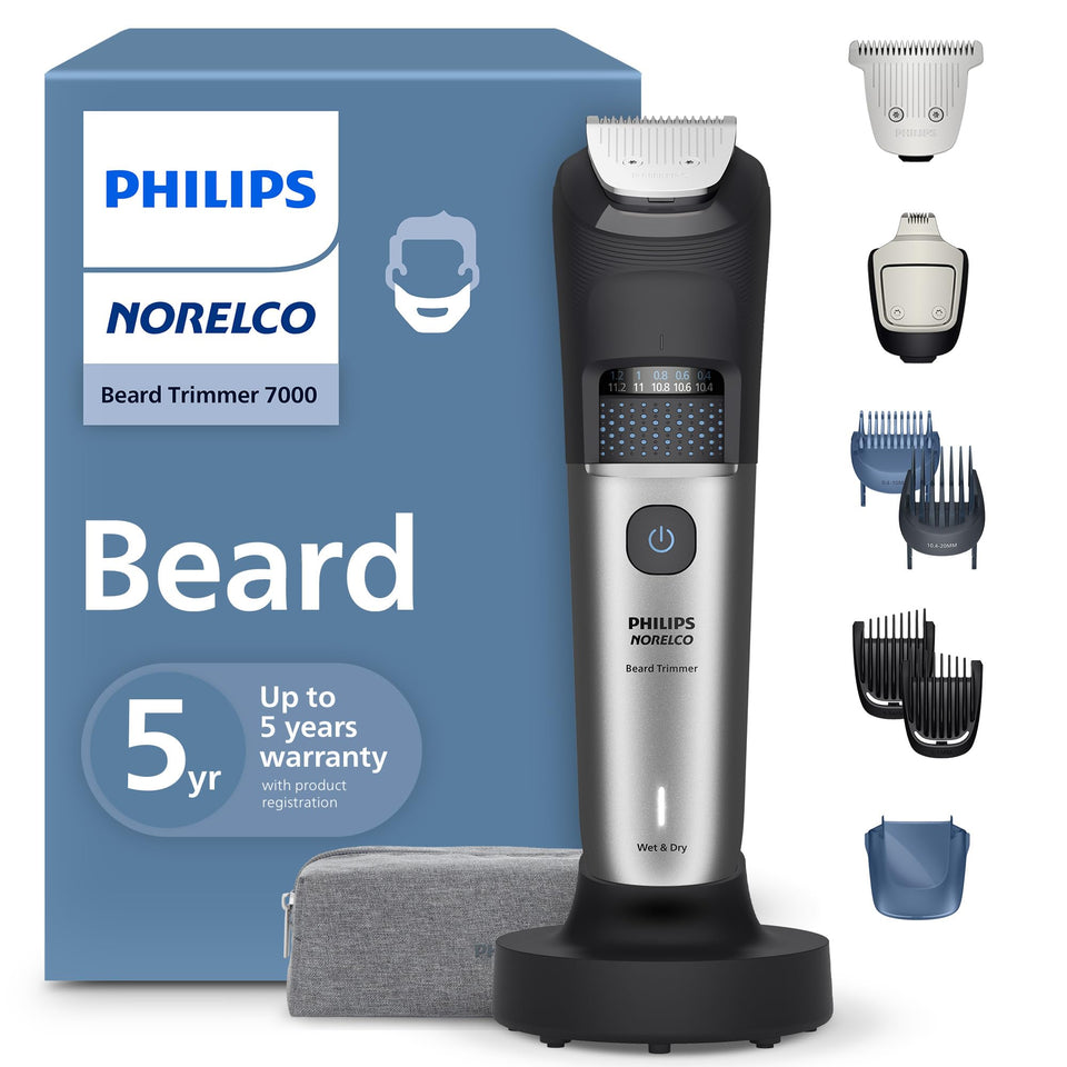 Norelco trimmer front view showing ergonomic grip and controls for comfortable handling