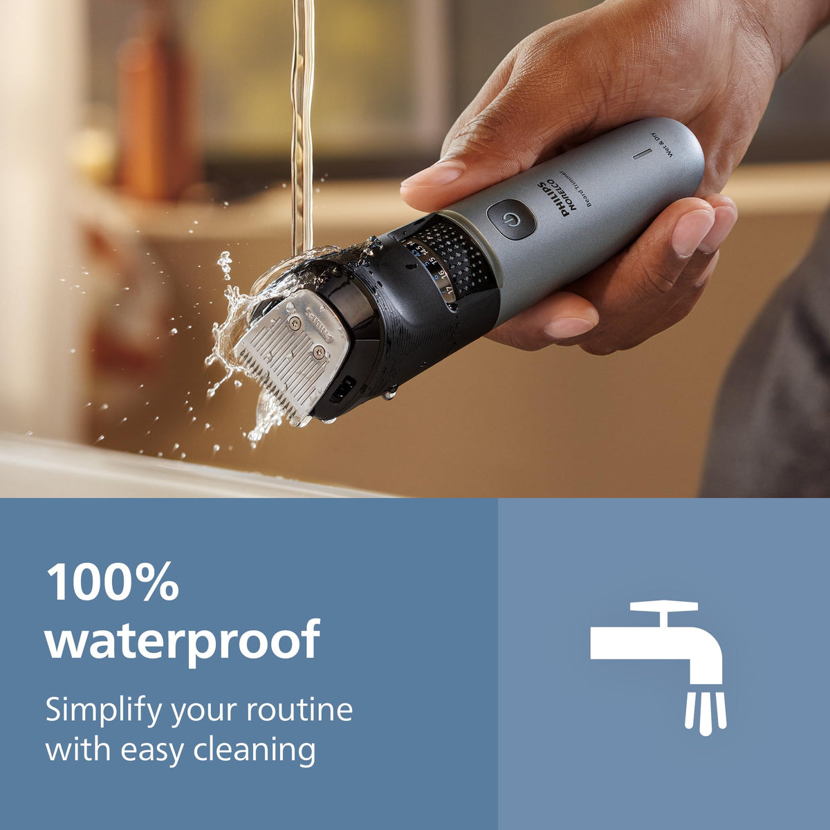 Norelco trimmer set on bathroom counter in lifestyle scene for everyday grooming