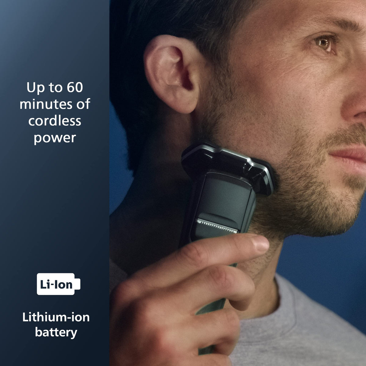 Norelco 7200 flexible heads angled showing 360-degree contour following benefit