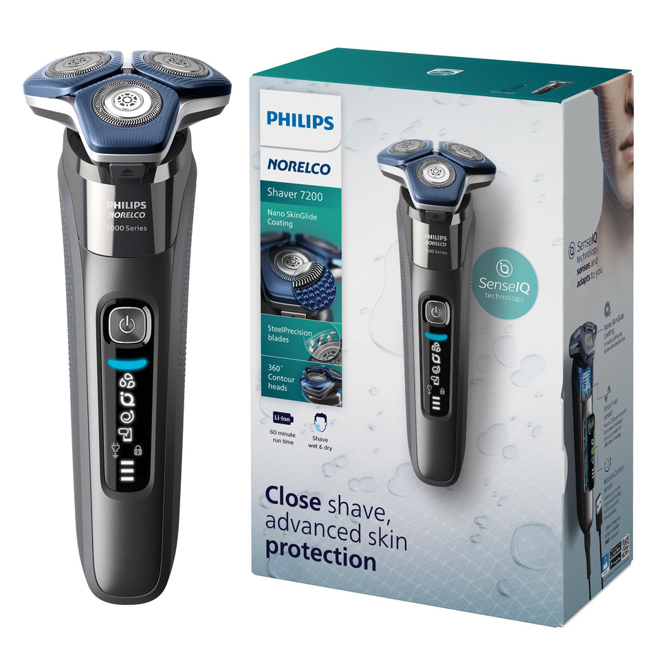 Norelco 7200 front view showing ergonomic grip and display beneficial for handling