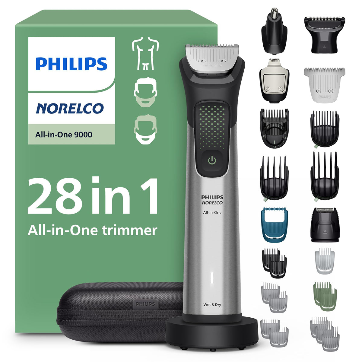 Norelco 9000 front view showing trimmer body and ergonomic grip for comfortable control
